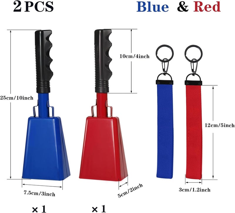 HEYLEAYAR 10Inch Cowbells Set with Handle for Sporting Events, 2Pcs Large Cow Bells with Wrist Straps, Loud Noise Makers for Football Games Spirit Marathon Weddings Party Noisemakers, Red & Blue - Image 2